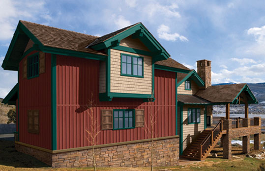 CraneBoard board-and-batten vinyl siding in Lighthouse Red.